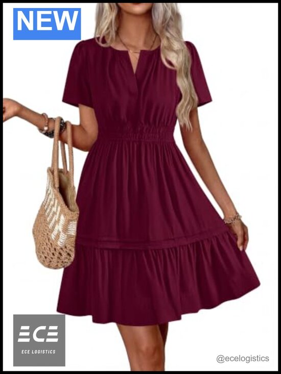 Dresses & Skirts - Women's Casual Mini Dress Short Sleeve V Neck A Line Ruched Summer